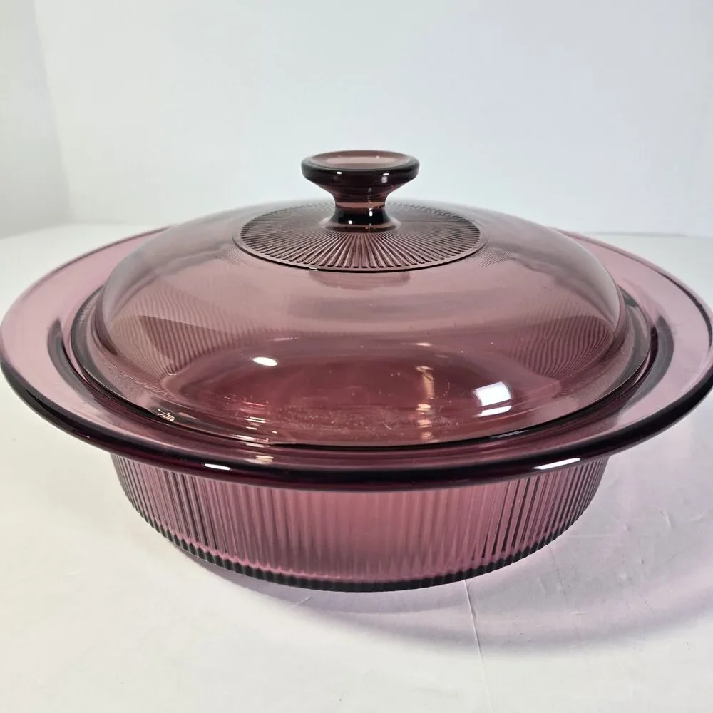 CRANBERRY Vision Ware V-33-B Casserole Dish Lid Ribbed 2.5 qt Corning USA *EUC